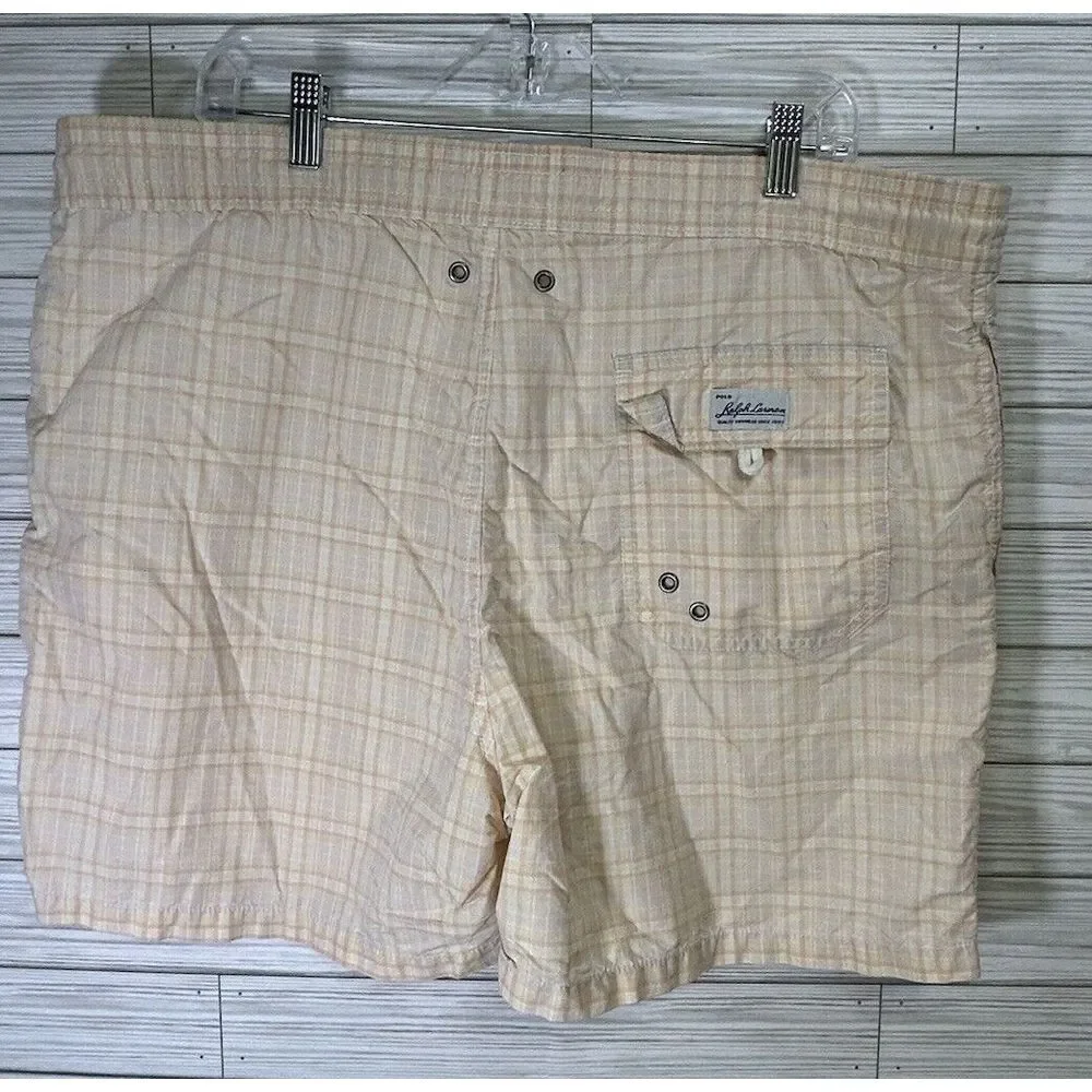 Polo Ralph Lauren Orange Yellow Plaid Swim Trunks‎ String Tie White Size XL